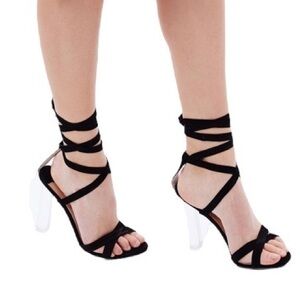 Revolve Tony Bianco Black Suede Clear Heel Ankle Wrap Komma Sandals Size 5